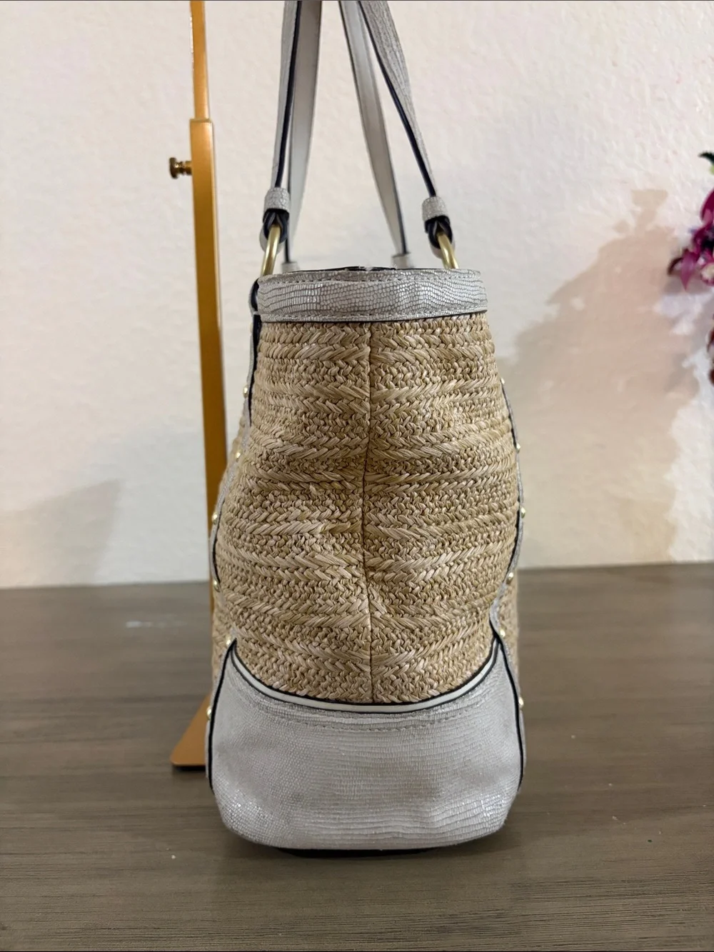 COACH ALEXANDRA PYTHON STRAW TOTE BAG F21959 CREAM/TAN